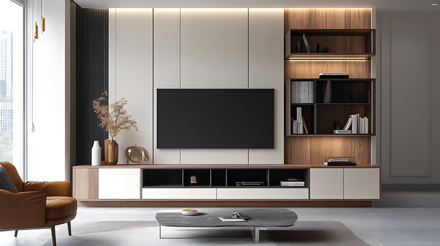 TV cabinet and storage space in a living room with a white wall 