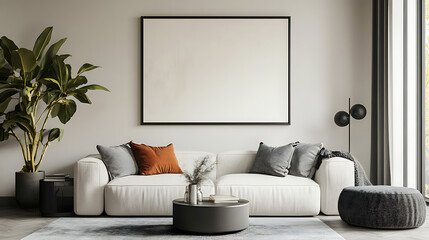 Stylish Living Room Interior with an Abstract Frame Poster Modern interior design 3D render 3D illustration