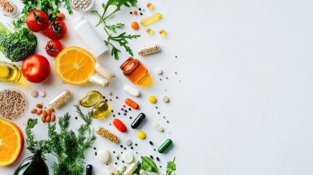 A variety of vitamins, supplements, and fresh foods arranged on a white surface, highlighting the importance of health and nutrition. Generative AI