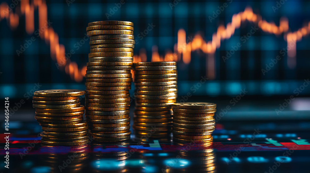 Poster stack of coins with graph chart growth up business marketing