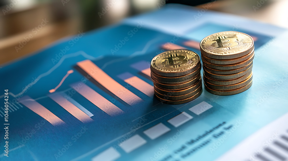 Poster stack of coins with graph chart growth up business marketing