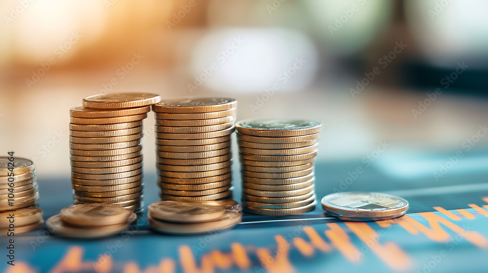 Poster stack of coins with graph chart growth up business marketing
