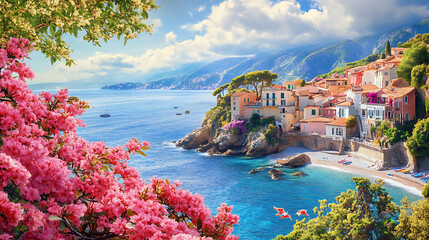 Seafront landscape with azalea flowers French reviera view of stunning picturesque coastal town