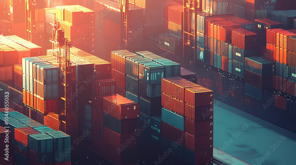Poster rows of cargo containers rest atop massive container ships docked at an industrial port
