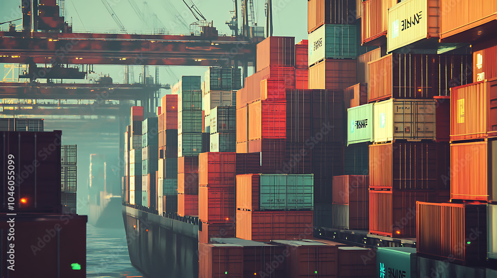 Poster rows of cargo containers rest atop massive container ships docked at an industrial port