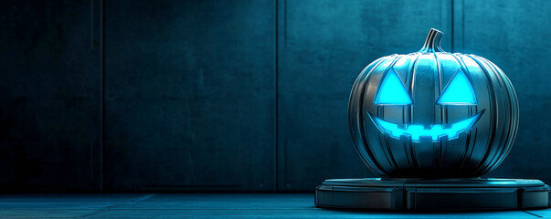 Metallic jack-o'-lantern with glowing blue eyes and mouth on a platform. Concept of Halloween, futuristic, technology.