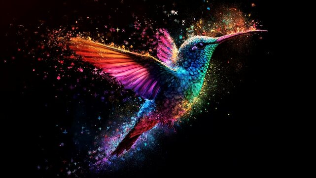 hummingbird fly on black background with colorful powder nectar video stock 