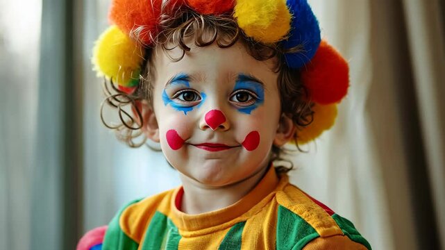 A young child dressed as a clown smiles for the camera
