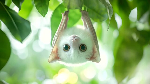 cute young white bat hanging on tree video stock