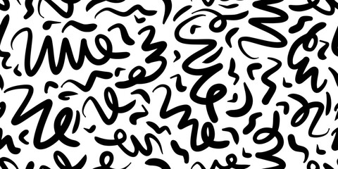 Fun line doodle seamless pattern. Monochrome wave pattern. Black white wallpaper