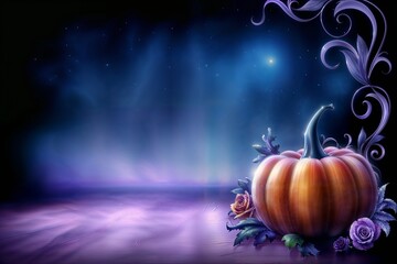 A vintage style template for halloween with petals and a pumpkin on a wooden surface at night with stars, soft oil painting.