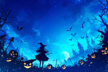 An illustration of Halloween night in a mysterious scary city with cross graves and old trees branches and a witch with broom and pumpkins and bats with copy space for web banner.