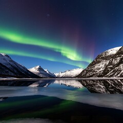 Frozen lake surrounded by snow-capped mountains and glowing auroras in the sky