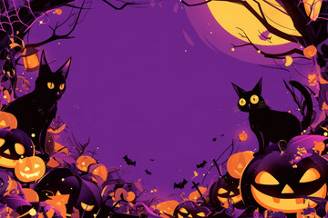 An abstract illustration for halloween with of two black cats on many scary pumpkins and bats on orange and violet background in flat style.