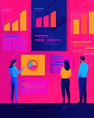 Business team analyzing vibrant data visualization charts.