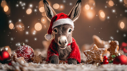 Xmas vibes - christmas mood - happy funny cute donkey  wearing santa claus hat in front of christmas tree. Horizontal banner.