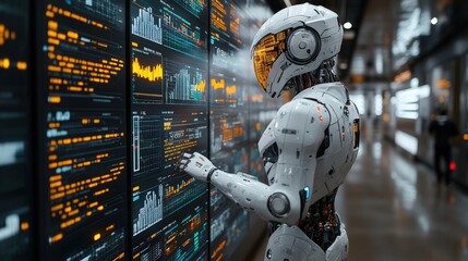 AI robot examining stock market charts and data on a digital screen, representing artificial intelligence in trading business concepts