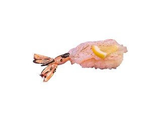 Fresh broiled red shrimp with salt and lemon sushi isolated on white background. Raw fish and seafood. Japanese food menu