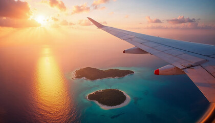 Fototapeta premium Airplane wing above tropical islands at sunset, capturing serene travel and adventure essence.