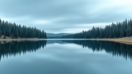 Obraz premium Tranquil lake reflecting a serene forest under a cloudy sky, AI