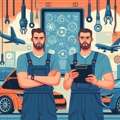 Two auto mechanic working on car diagnostic in auto repair shop.. background, banner, card, poster, template. illustration, avant garde colour elegant