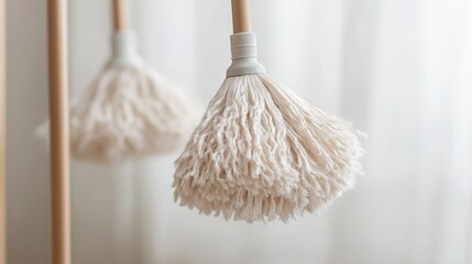   Two mop heads dangle from a curtain rod in a close-up photo, with a white curtain visible behind them