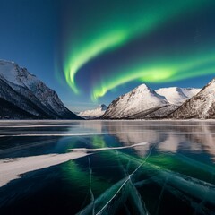 Naklejka premium Frozen lake surrounded by snow-capped mountains and glowing auroras in the sky