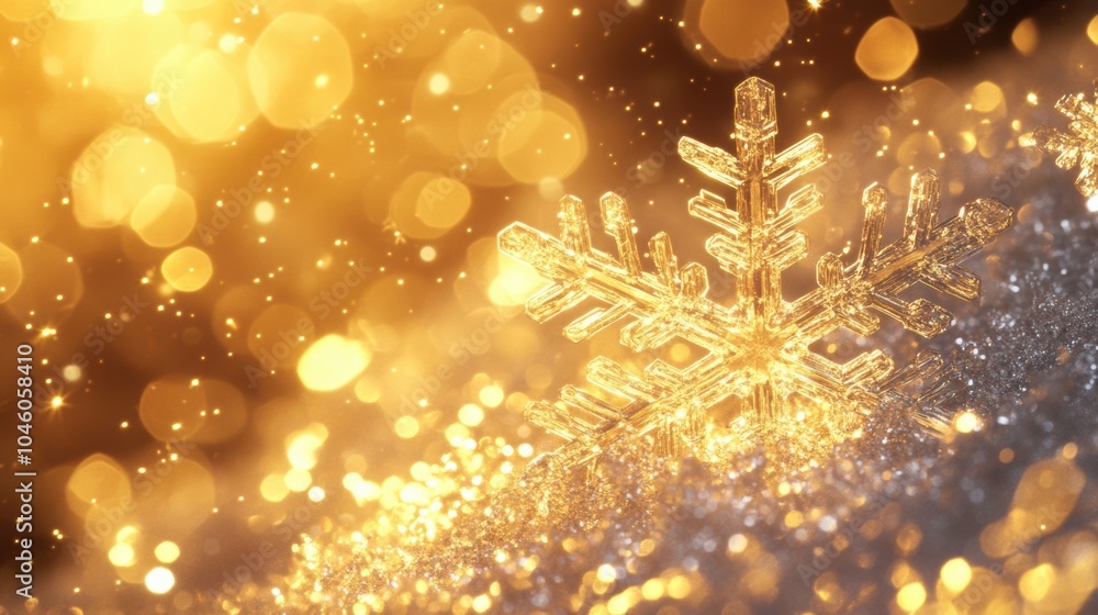 Poster delicate snowflake shapes glow in icy shades, sparkling against a golden backdrop, creating a mesmer