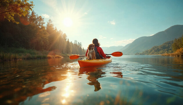 A serene kayaking scene features a person and their pet enjoying a peaceful lake outing.

