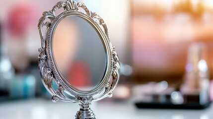 Elegant vintage mirror with ornate frame reflecting soft, blurred background, AI