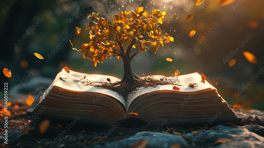 Poster an open book with tree growing out of it