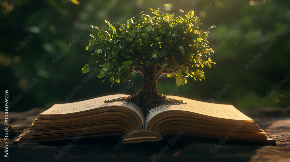 Poster an open book with tree growing out of it 