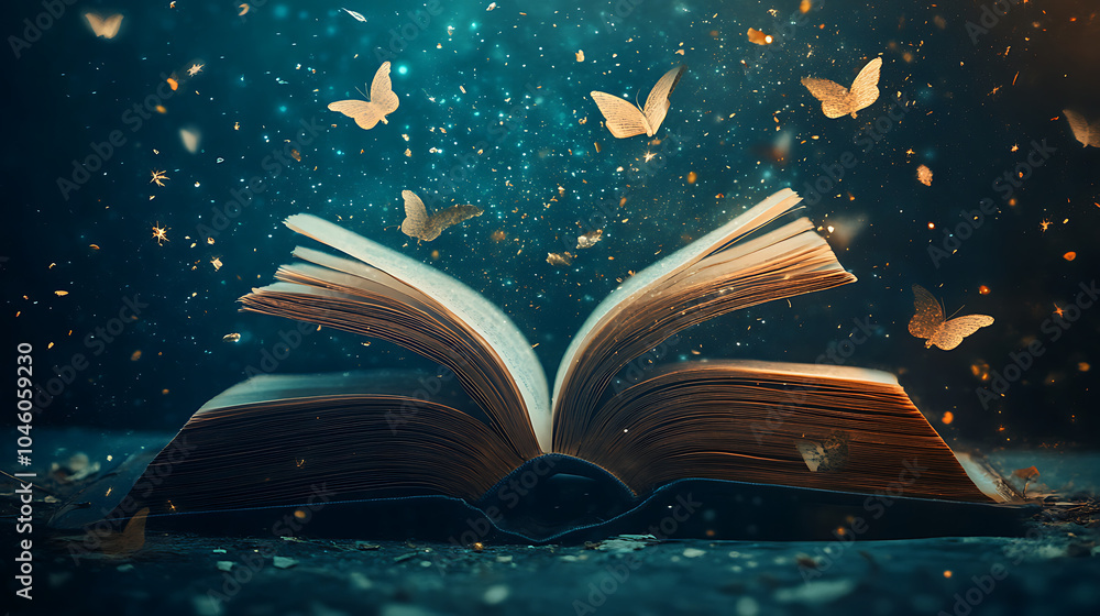 Poster an open book with bookmark flying out of it