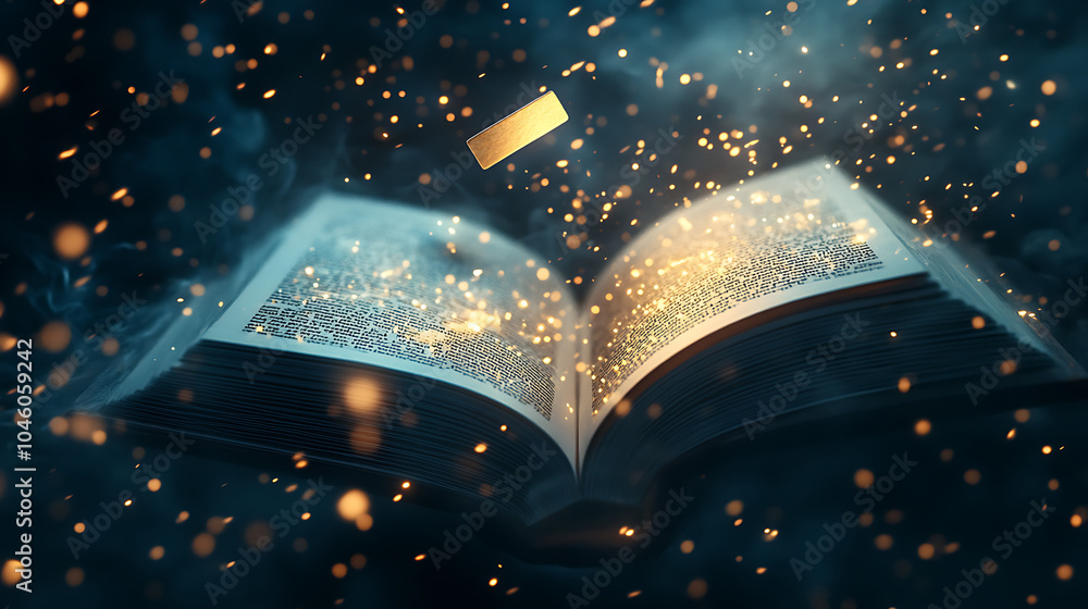 Poster an open book with bookmark flying out of it 