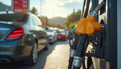 A vibrant gas station scene captures a busy petrol pump with a bright fuel nozzle in use.

