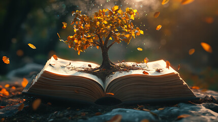 Naklejka premium an open book with tree growing out of it 