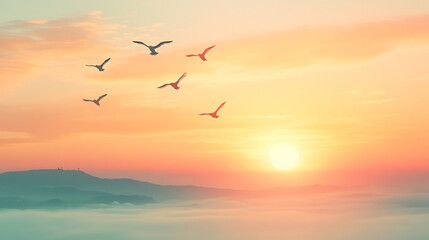 Obraz premium abstract beautiful peaceful summer morning sky background sunrise new day and flying flock of birds