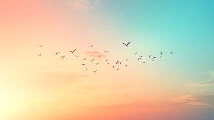 Obraz premium abstract beautiful peaceful summer morning sky background sunrise new day and flying flock of birds