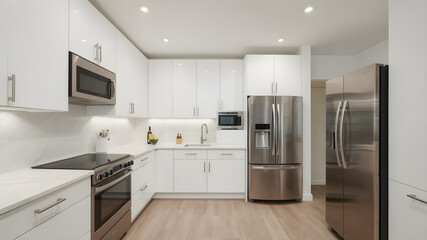 A contemporary kitchen with high-end appliances, marble countertops, and stylish lighting fixtures, emphasizing clean lines and sophistication.
