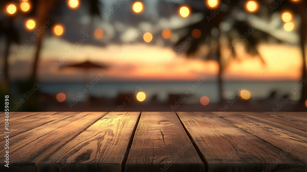 Aufkleber wooden table with blur beach cafes background and bokeh lights created with technology