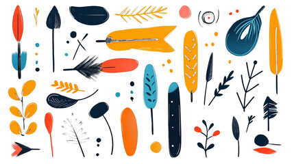 illustration of various colorful botanical elements, displayed on a white background, showcasing creative designs. Colorful hand-drawn botanical elements arranged on a white background
