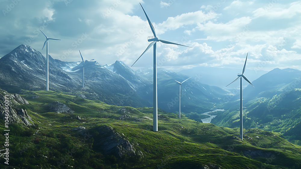 Poster wind turbines generating green power high in mountains