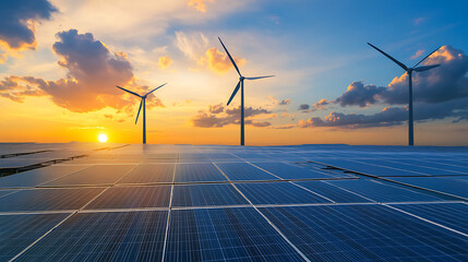 Windmill wind turbine and solar cell panel on blue sky at sunset renewable electricity energy concept