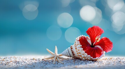   A red flower is sitting atop a starfish on a sandy beach, with another starfish nearby