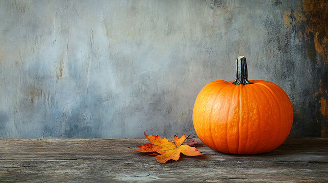Rustic Pumpkin and Autumn Leaf Still Life on Wood