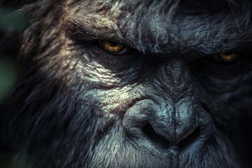Obraz premium Close-up of a Dark-Haired, Glaring Ape with Yellow Eyes