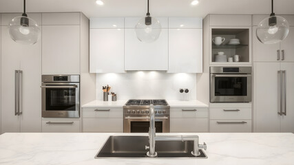 Fototapeta premium A contemporary kitchen with high-end appliances, marble countertops, and stylish lighting fixtures, emphasizing clean lines and sophistication.