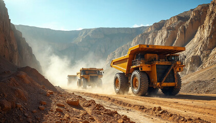 Naklejka premium A fleet of yellow mining trucks operates in an open-pit mine, highlighting heavy industrial activity.