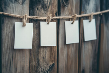 String of paper hanging on wooden fence, blowing gently in the wind, under clear blue sky.