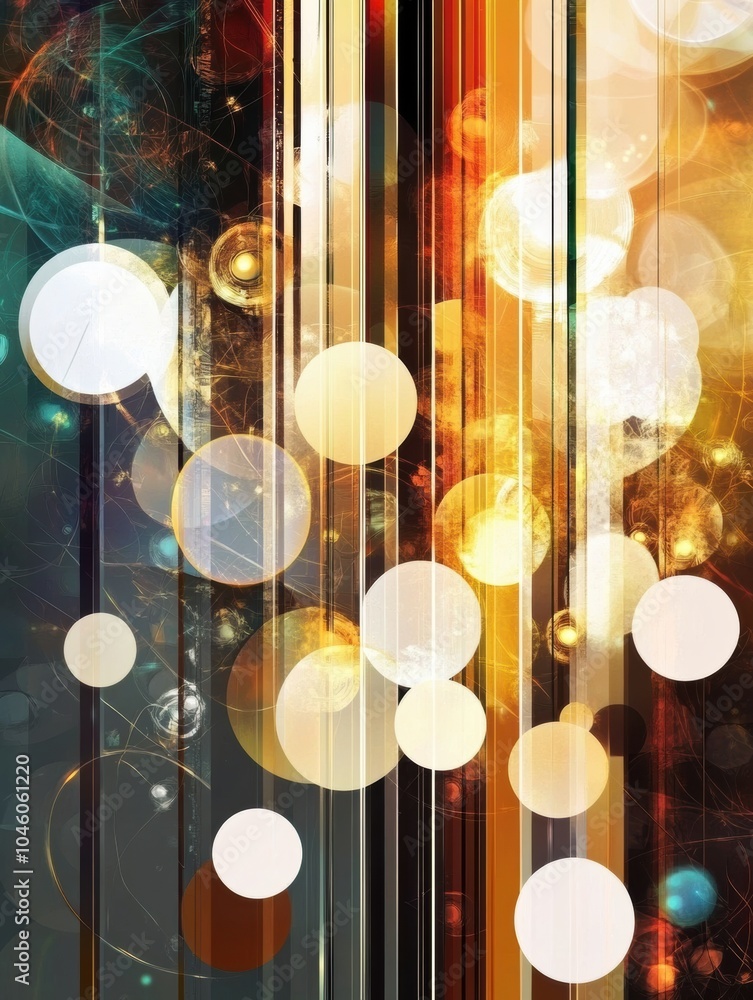 Poster colorful circles and rays of light blend together, creating an energetic abstract background full of